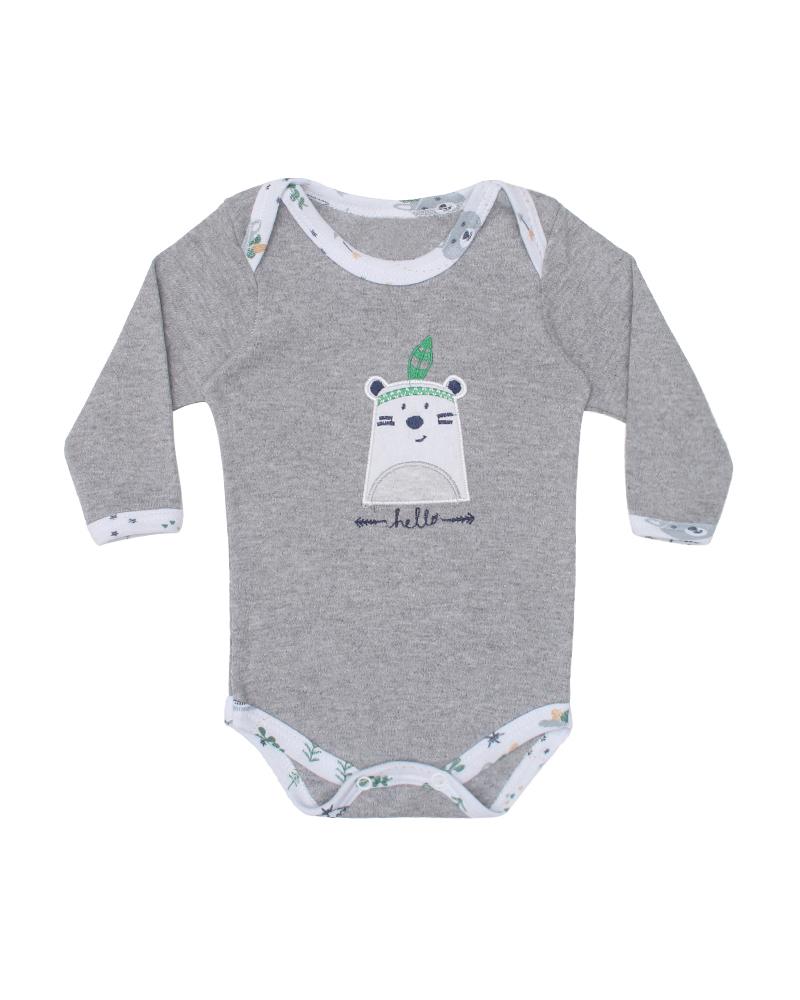 Body Em Algodão Mescla Urso Índio Cinza e Branco