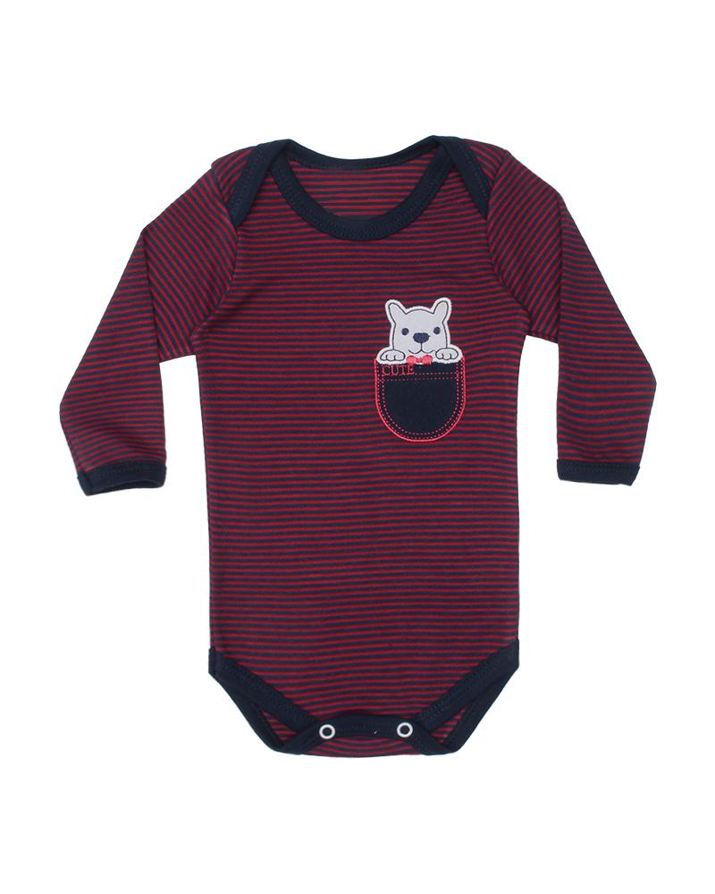 Body Em Algodão Listrado Cachorrinho Bordô e Azul Marinho 