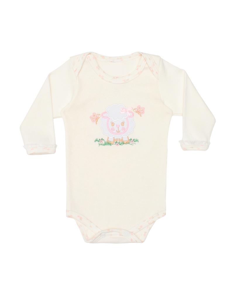 Body Em Algodão Ovelhinha Bege Claro e Branco