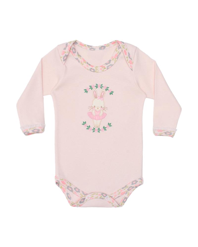 Body Em Algodão Coelhinha Rosa Claro e Bege