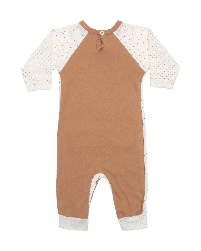 Macacão Em Algodão Ursinha Poá Com Bolso Off White e Marrom Claro