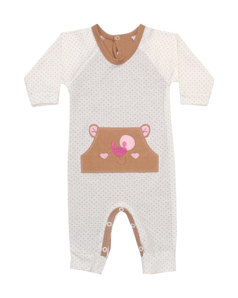 Macacão Em Algodão Ursinha Poá Com Bolso Off White e Marrom Claro