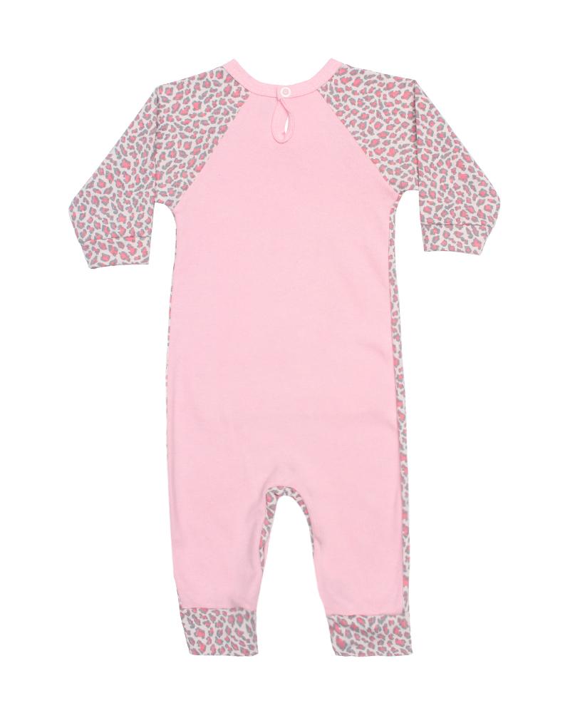 Macacão Em Algodão Gatinha Oncinha Com Bolso Rosa Claro e Cinza