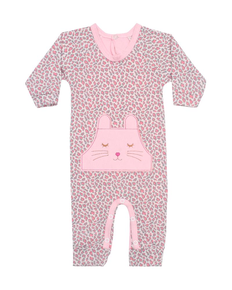 Macacão Em Algodão Gatinha Oncinha Com Bolso Rosa Claro e Cinza