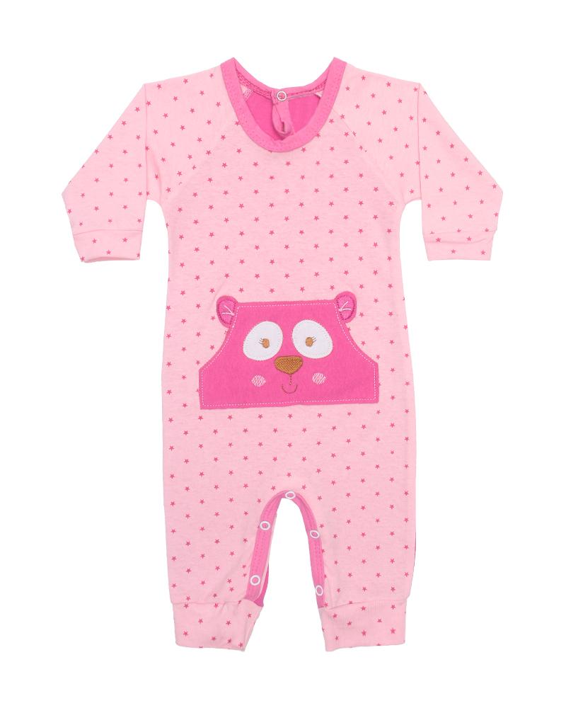 Macacão Em Algodão Ursinha Estrelinhas Com Bolso Rosa Claro e Pink