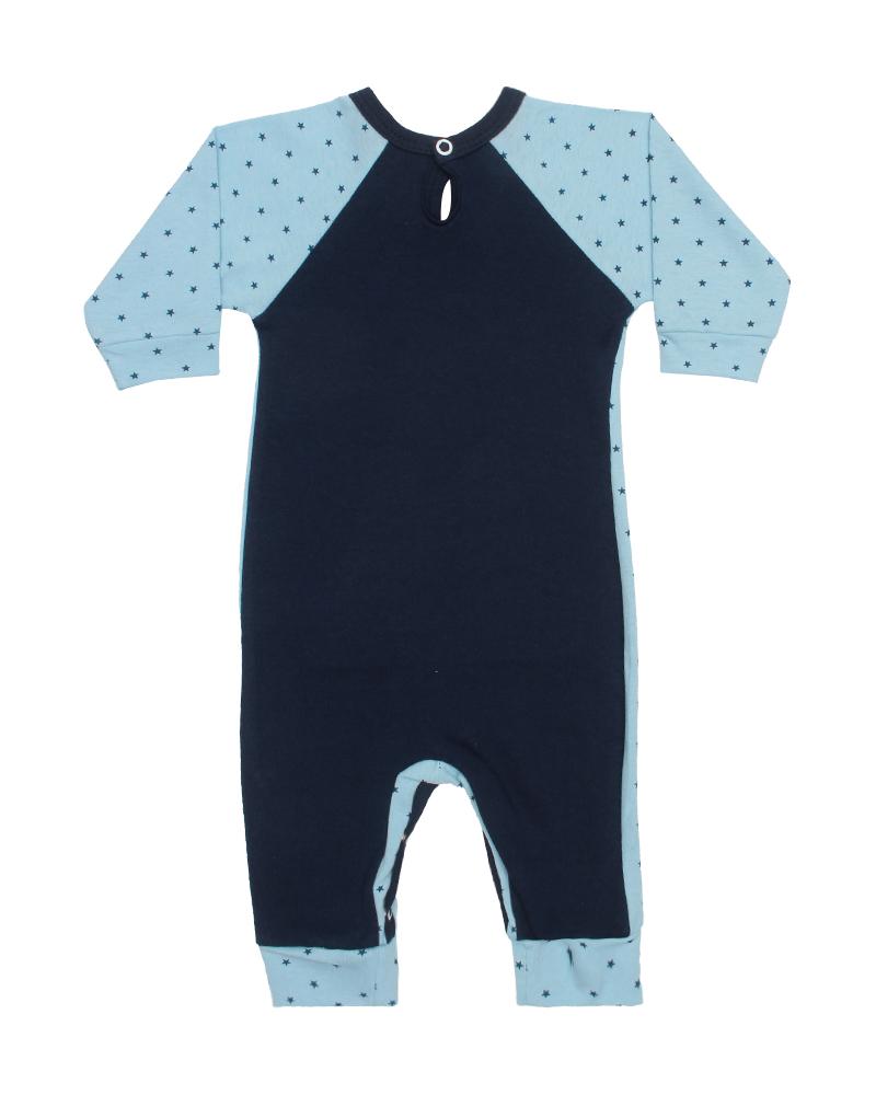 Macacão Em Algodão Panda Poá Com Bolso Azul Bebê e Azul Marinho