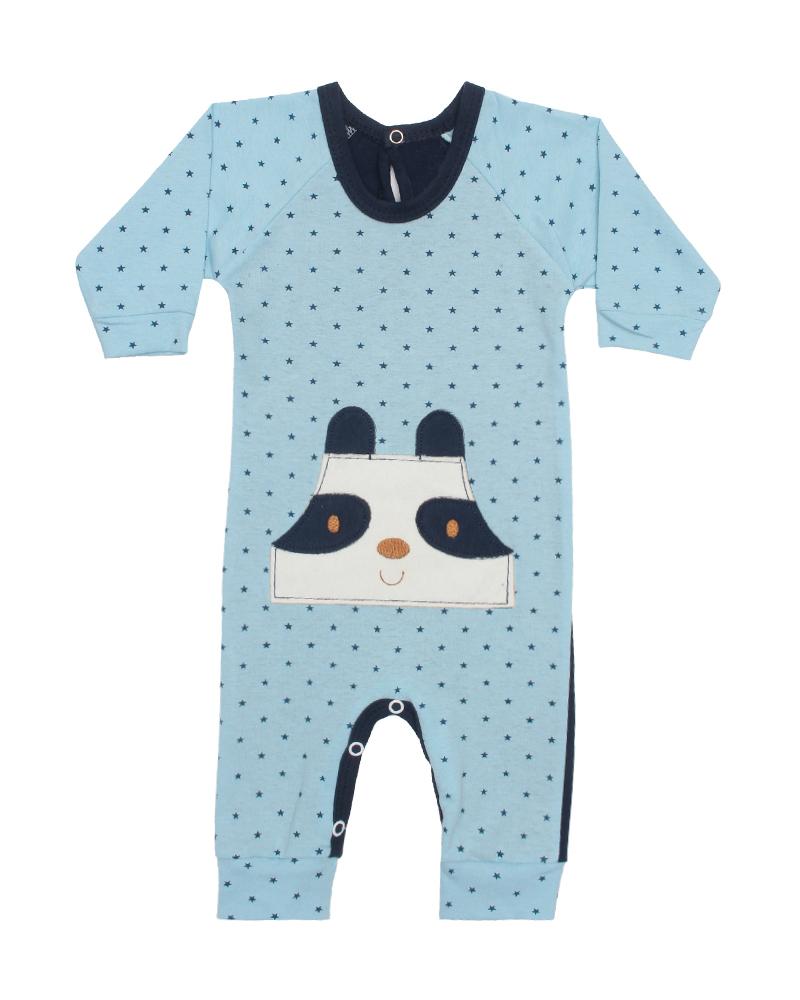 Macacão Em Algodão Panda Poá Com Bolso Azul Bebê e Azul Marinho