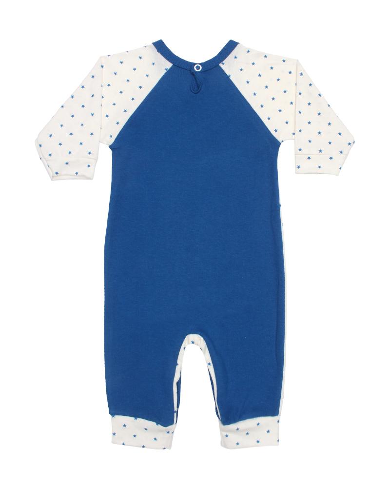 Macacão Em Algodão Ursinho Estrelinhas Com Bolso Off White e Azul Royal