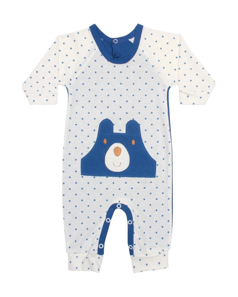 Macacão Em Algodão Ursinho Estrelinhas Com Bolso Off White e Azul Royal