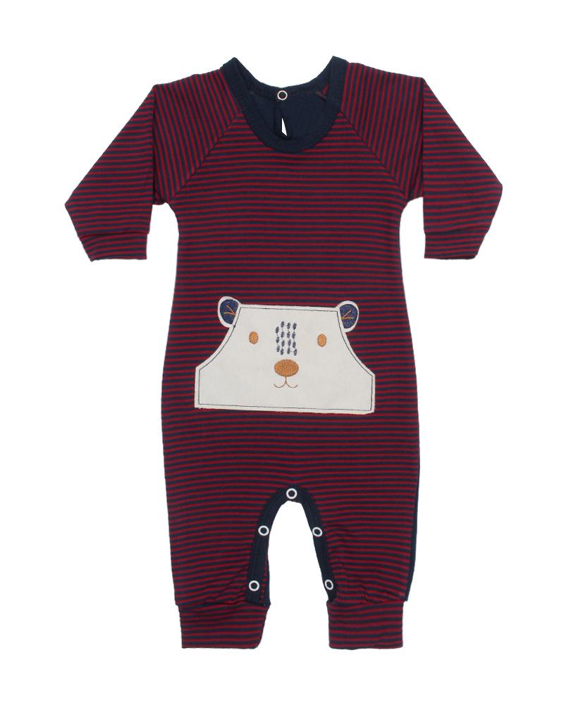 Macacão Em Algodão Ursinho Listrado Com Bolso Azul Marinho e Bordô