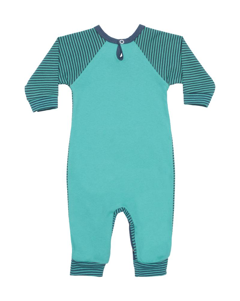 Macacão Em Algodão Cachorrinho Listrado Com Bolso Verde e Azul Escuro