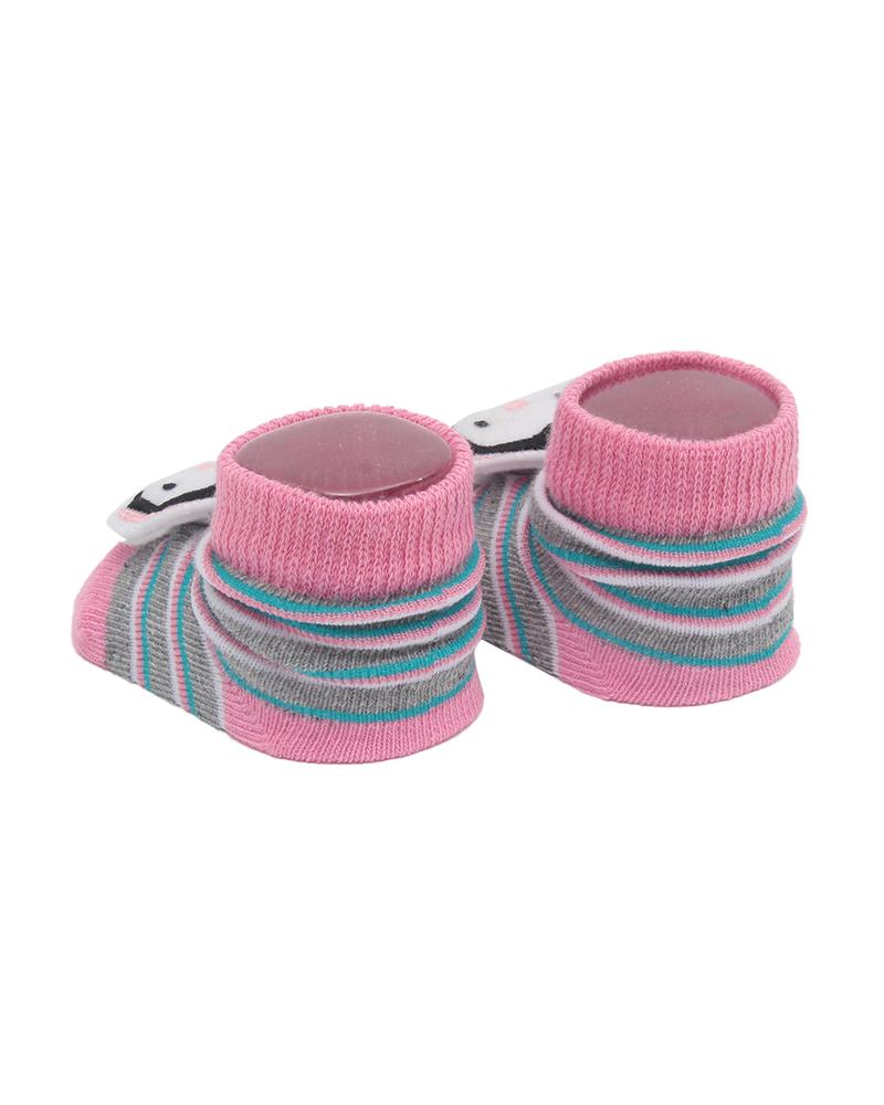 Par De Meias Listrado Pinguim Cinza e Rosa