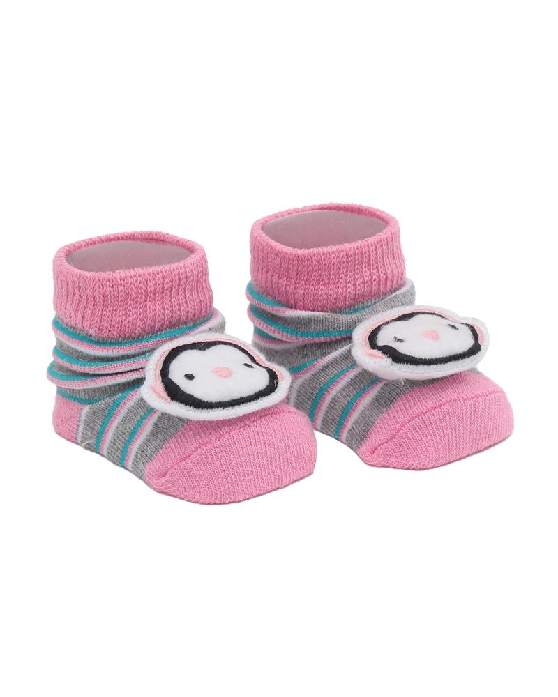 Par De Meias Listrado Pinguim Cinza e Rosa