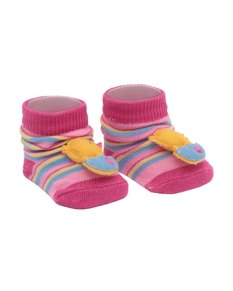 Par De Meias Listrado Pintinho Rosa Escuro e Amarelo