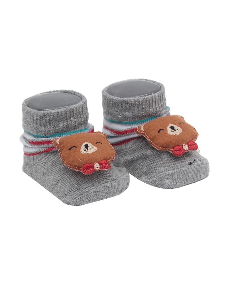 Par De Meias Listrado Ursinho Cinza e Marrom