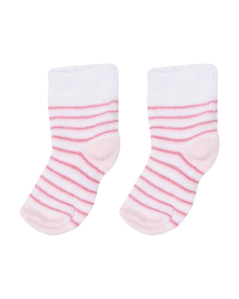 Par De Meias Cano Médio Listrada Branco e Rosa Bebê