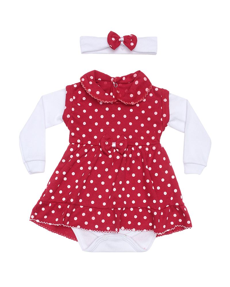 Vestido Com Body Em Malha Canelada Poá Com Faixa Vermelho e Branco