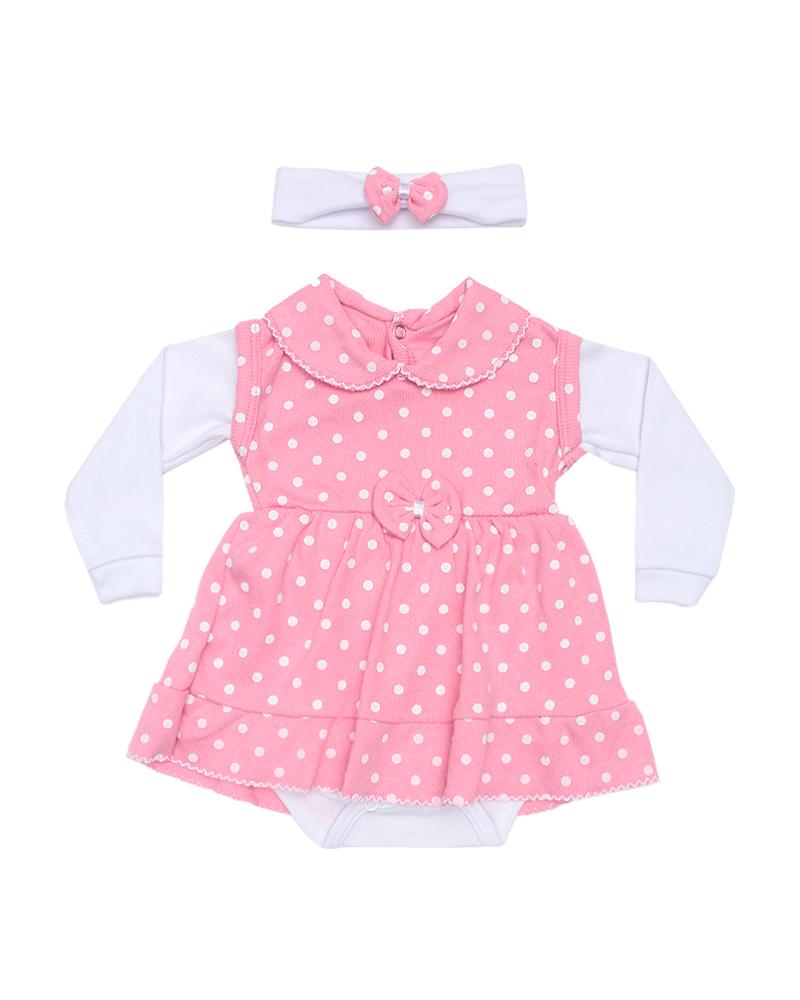 Vestido Com Body Em Malha Canelada Poá Com Faixa Rosa Chiclete e Branco