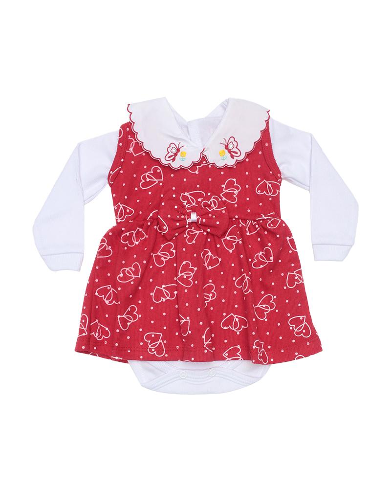 Vestido Com Body Em Malha Canelada Corações Vermelho e Branco