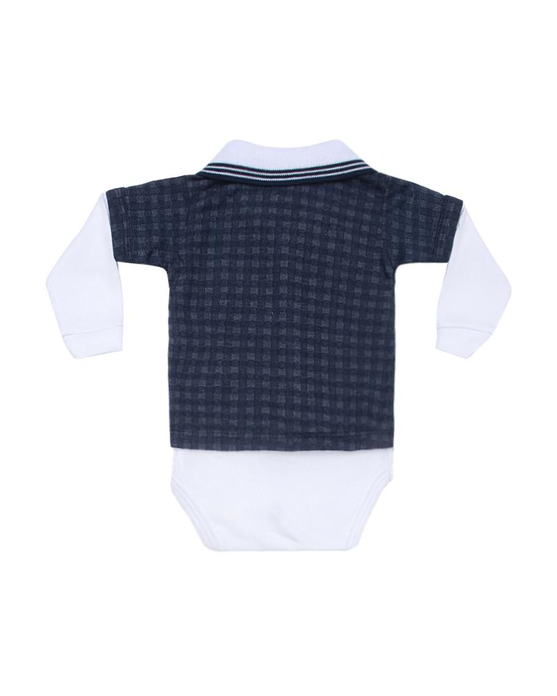 Body Polo Xadrez Em Malha Azul Marinho e Branco