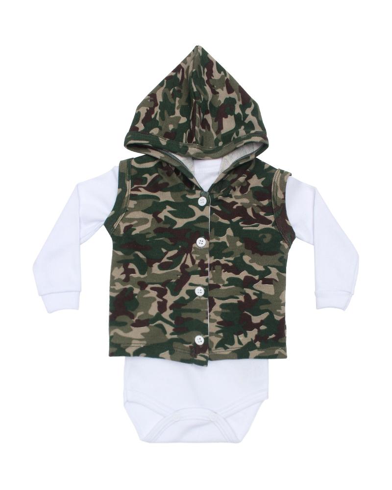 Body Com Colete Em Malha Camuflado Branco e Verde Militar