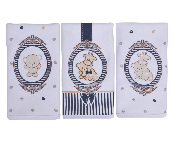 Kit Paninho De Boca Em Malha Com Bordado Branco e Azul Marinho - 3 Unidades