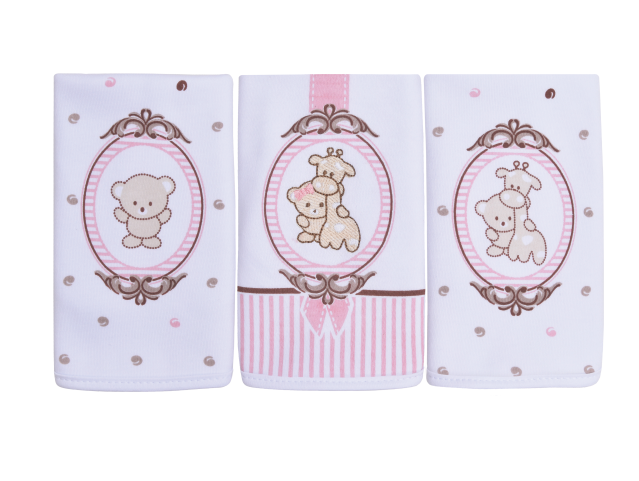 Kit Paninho De Boca Em Malha Com Bordado Branco e Rosa Bebê - 3 Unidades