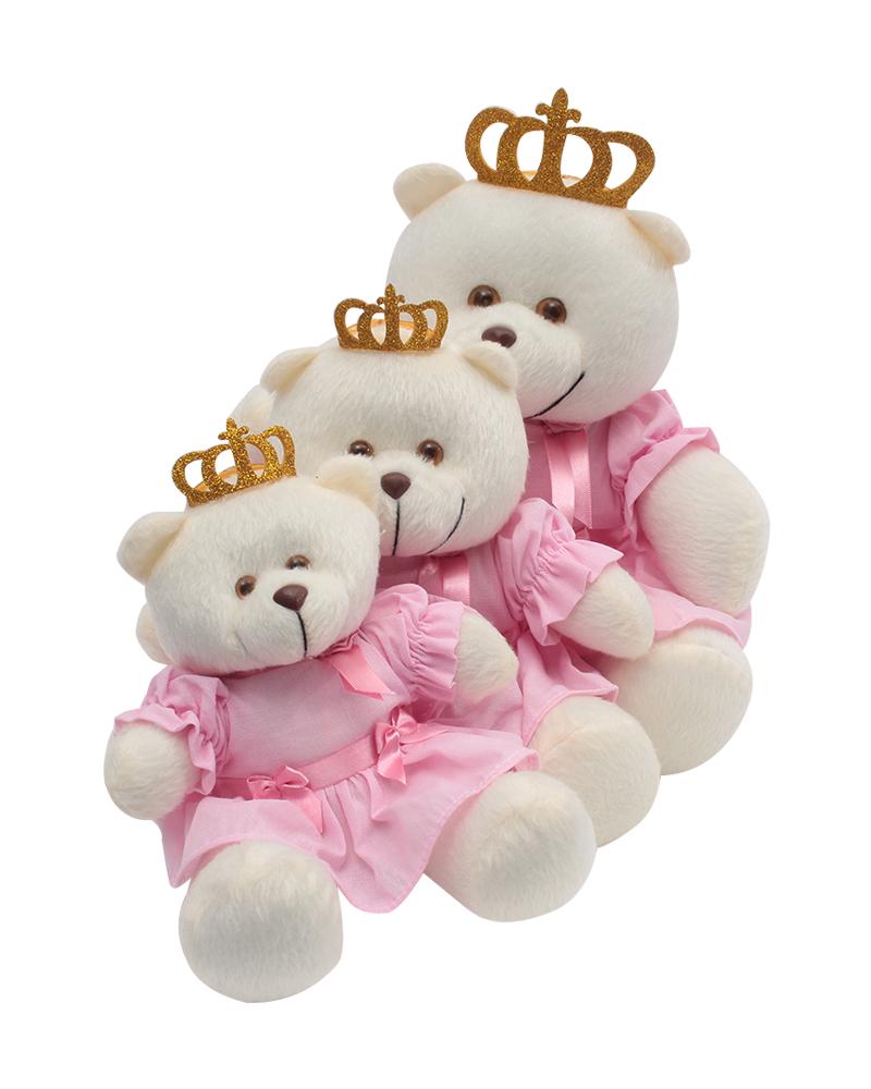 Jogo De Ursos Princesas De Pelúcia Bege Claro e Rosa Claro - 3 Unidades