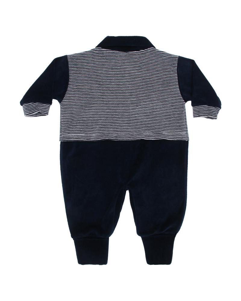 Macacão Em Plush Listrado Ursinho Azul Marinho e Branco