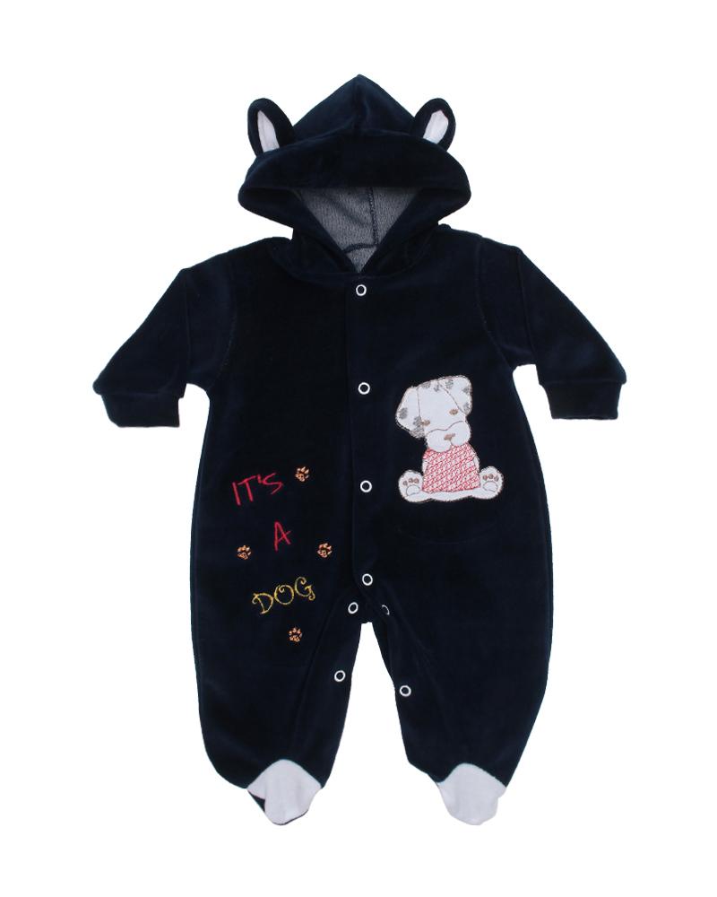 Macacão Com Capuz Em Plush Cachorrinho Azul Marinho e Branco