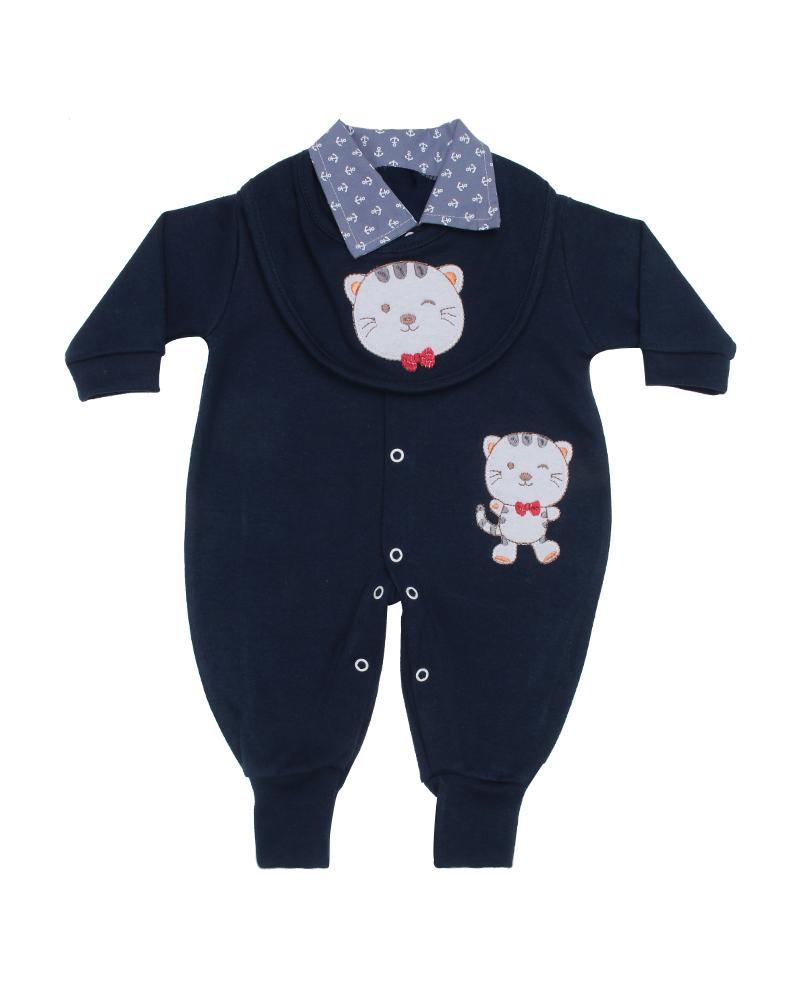 Macacão Em Suedine Com Babador Gatinho Azul Marinho e Cinza Claro