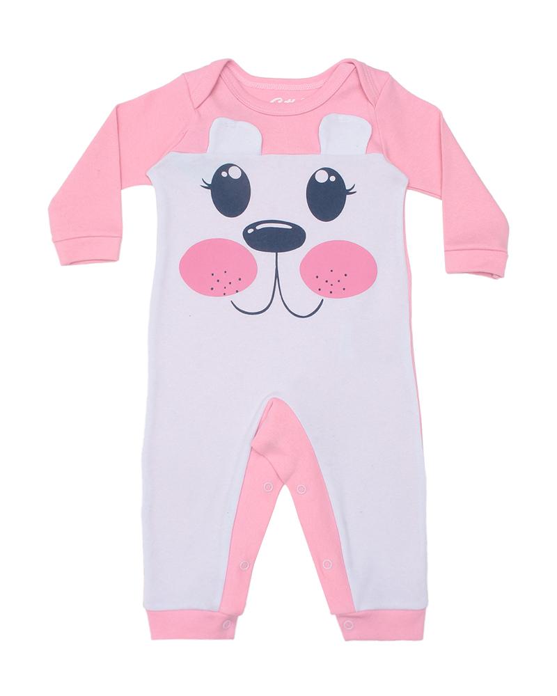 Macacão Em Algodão Cachorrinho Rosa Chiclete e Branco