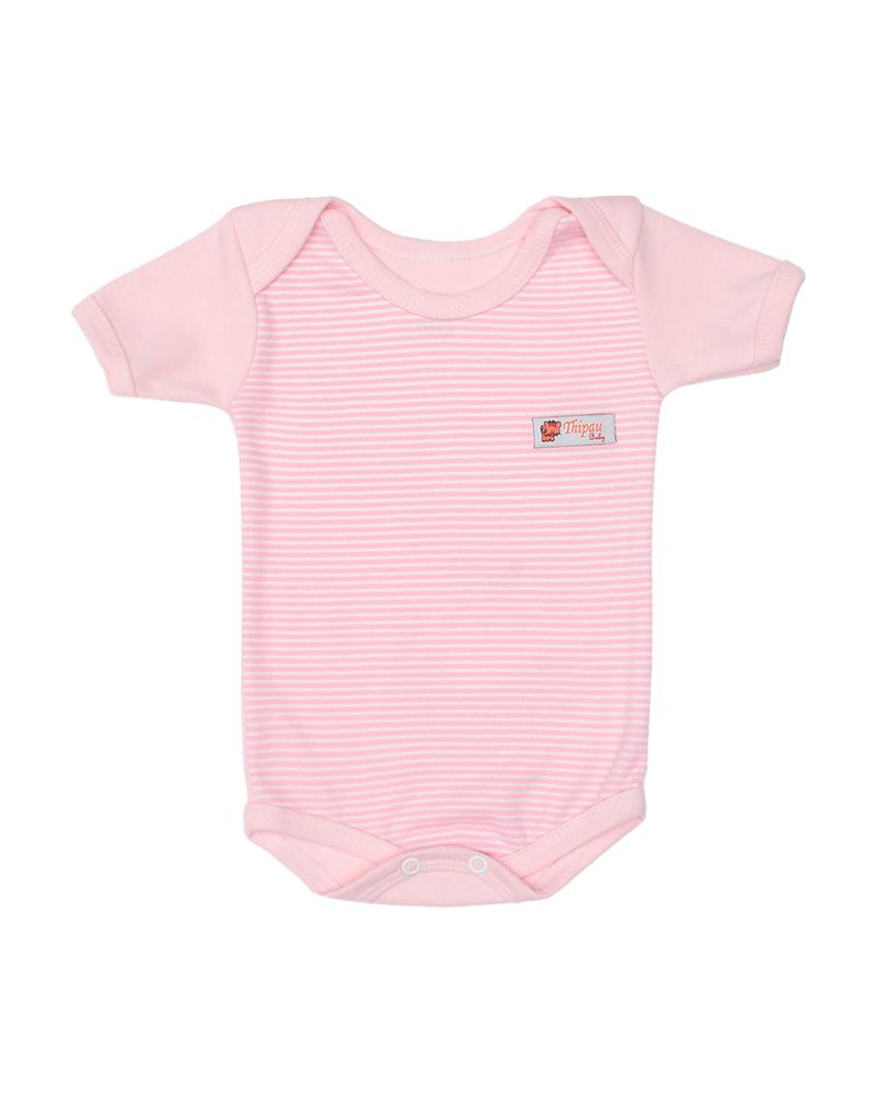 Body Em Algodão Listrado Rosa Bebê e Branco
