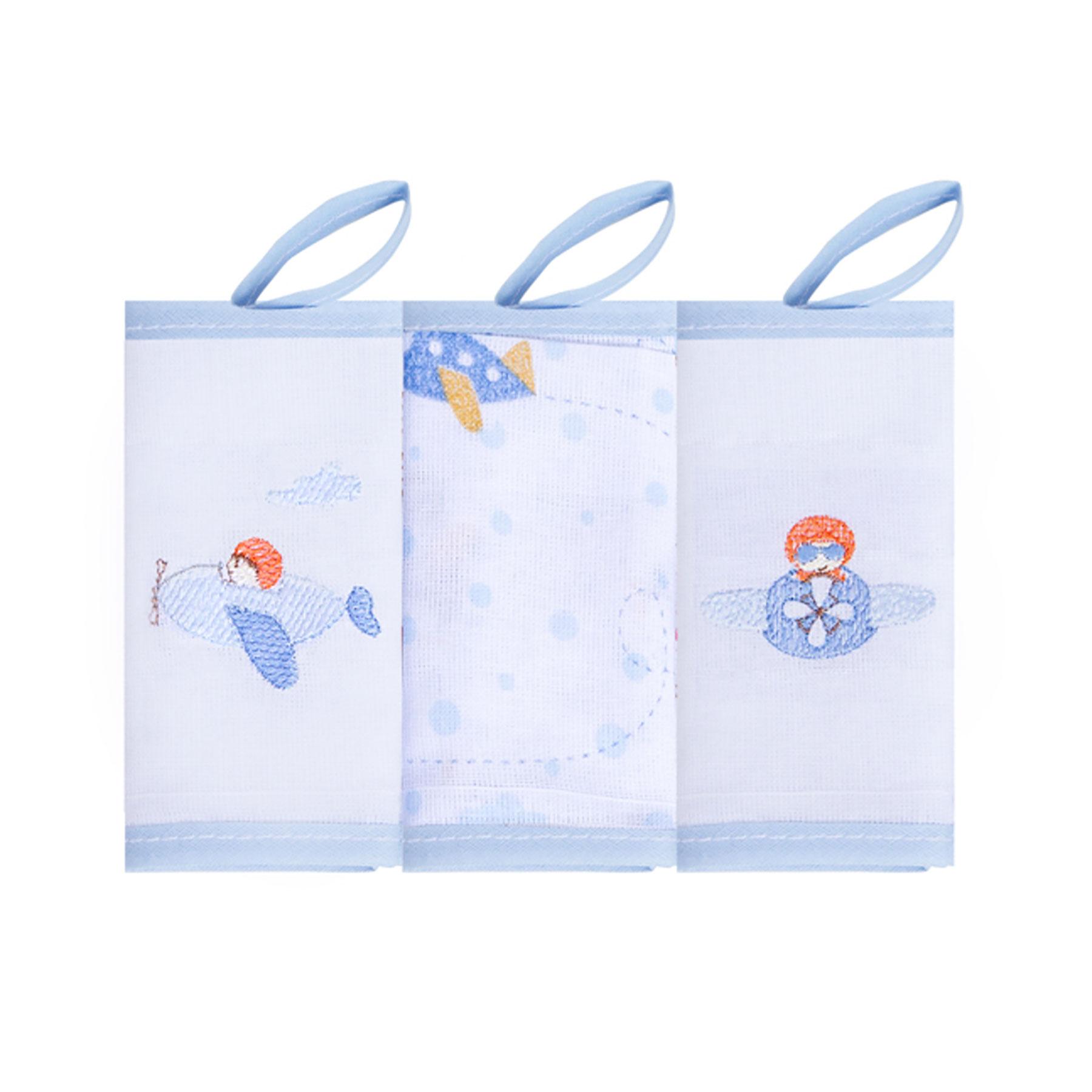 Kit De Babetes Com Prendedor De Chupetas Aviões Branco e Azul Bebê - 3 Unidades