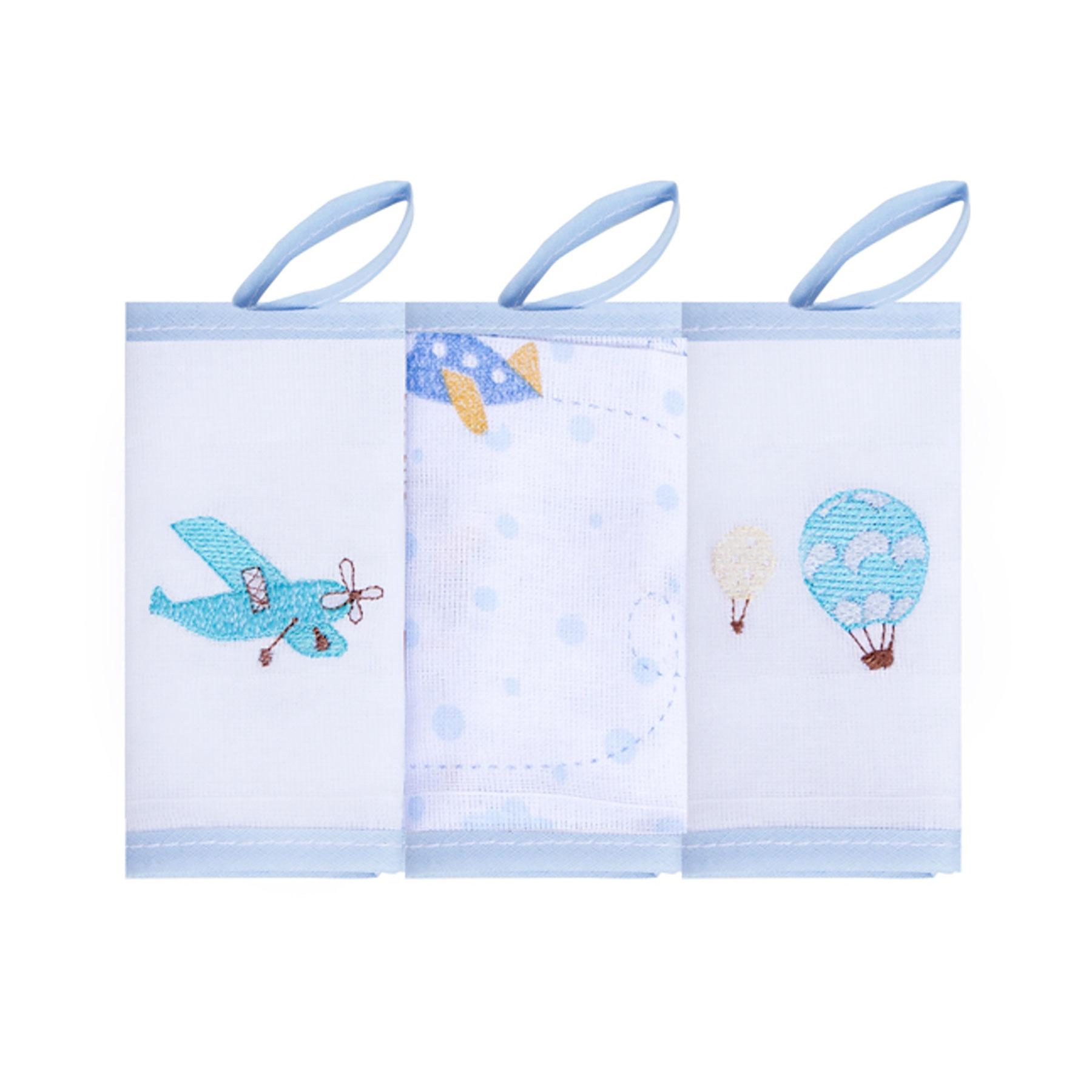 Kit De Babetes Com Prendedor De Chupetas Branco e Azul Bebê - 3 Unidades