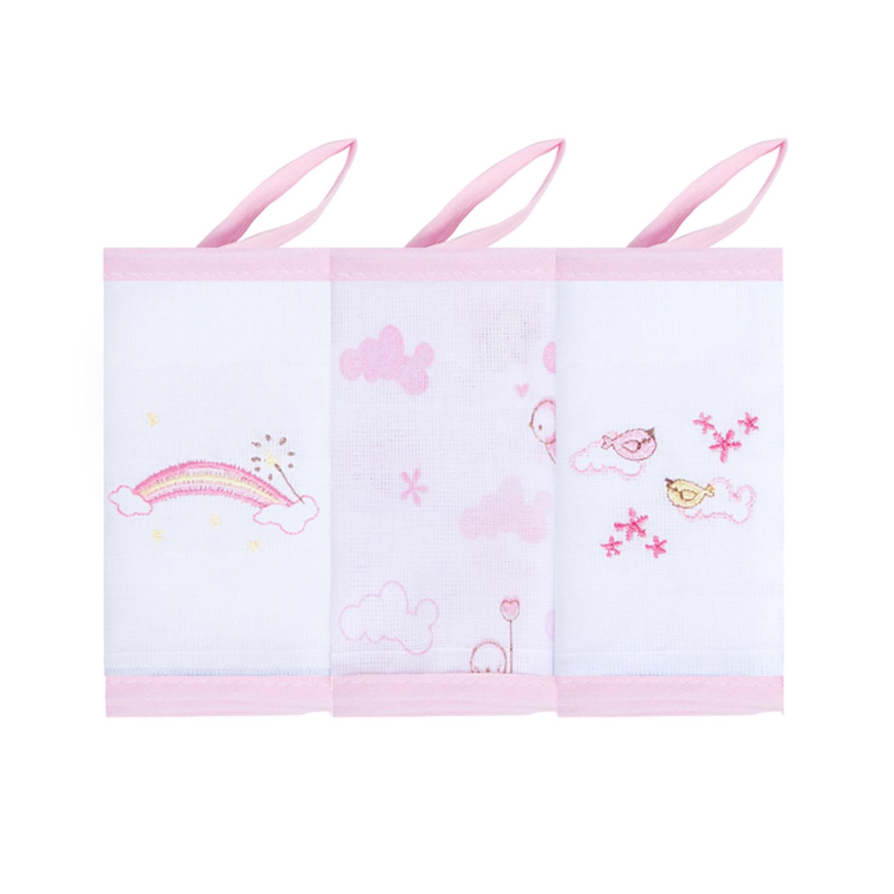 Kit De Babetes Com Prendedor De Chupetas Passarinhos Branco e Rosa Claro - 3 Unidades