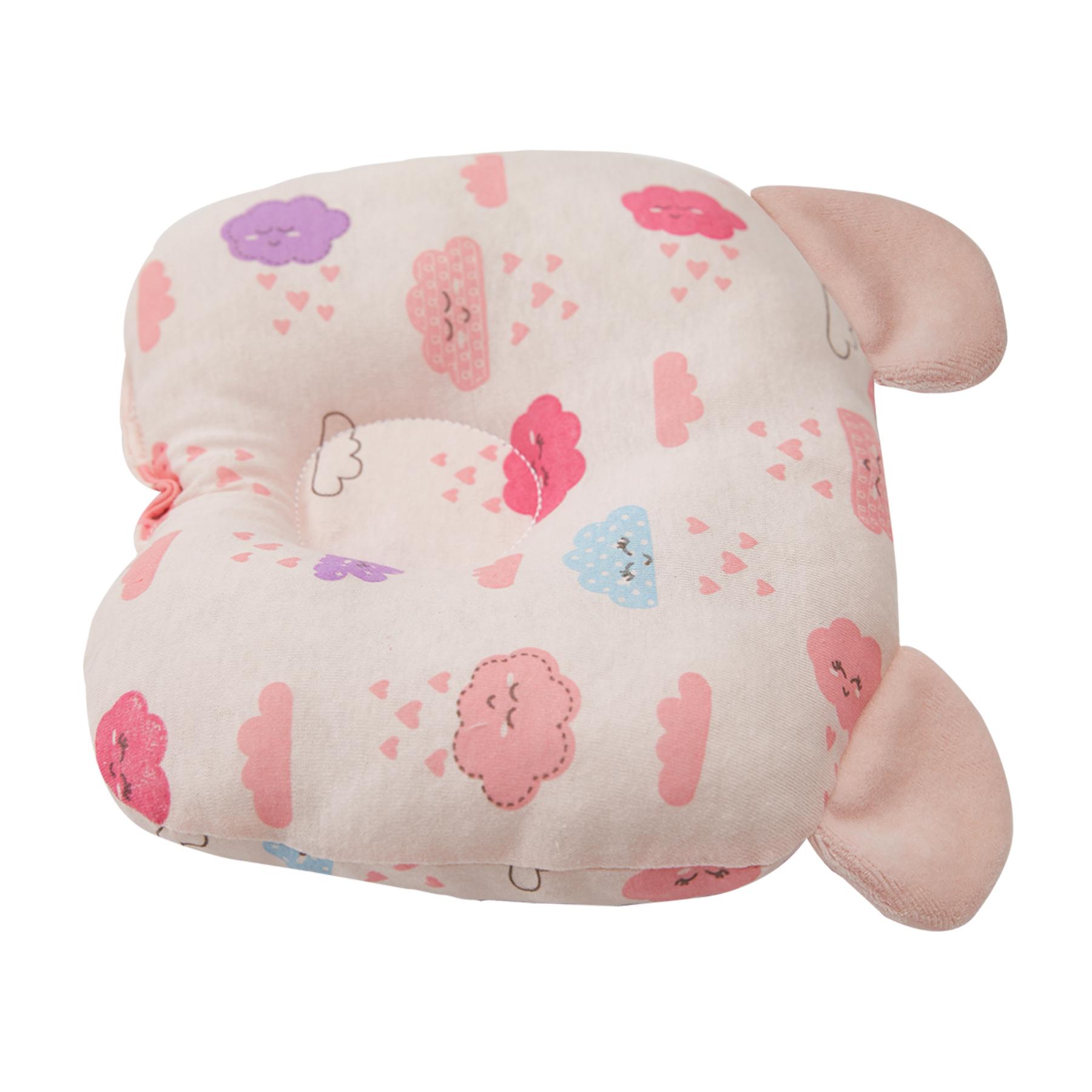 Travesseiro Anatômico Com Orelhinhas Em Malha Nuvens Rosa Bebê e Rosa