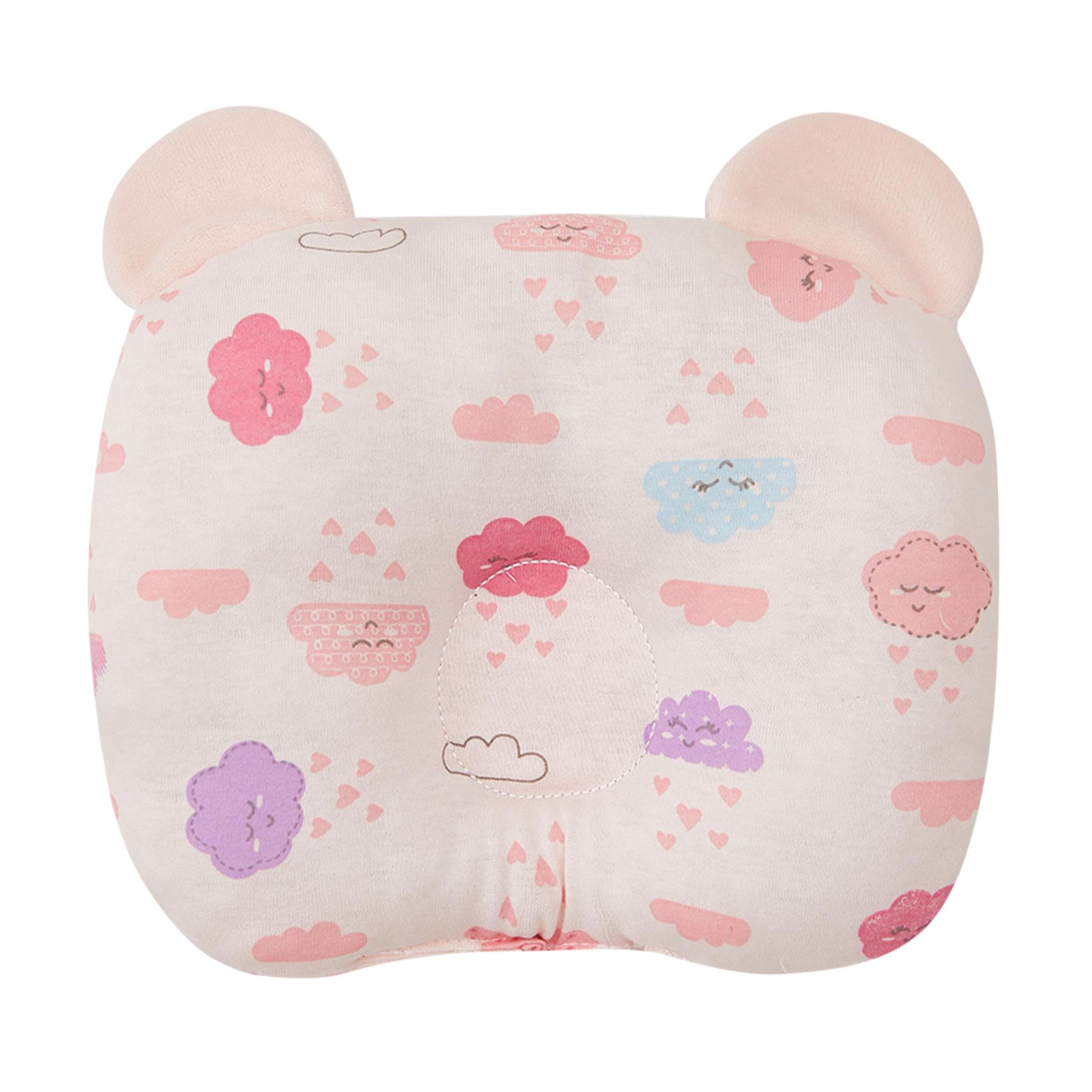 Travesseiro Anatômico Com Orelhinhas Em Malha Nuvens Rosa Bebê e Rosa