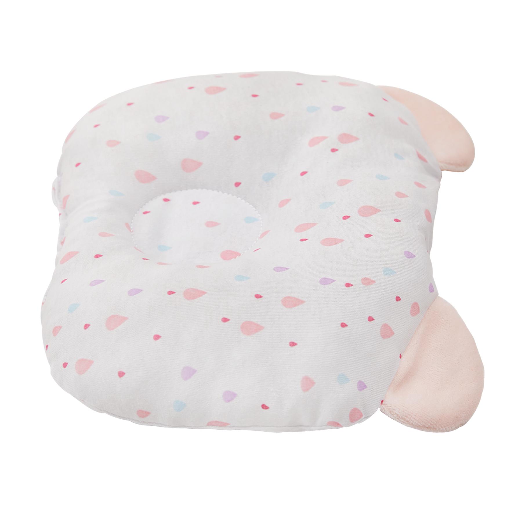Travesseiro Anatômico Com Orelhinhas Em Malha Gotas Branco e Rosa Bebê