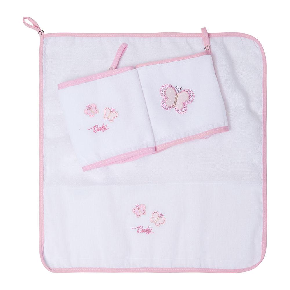 Jogo De Babetes Com Prendedor De Chupeta Borboletas Branco e Rosa - 3 Unidades