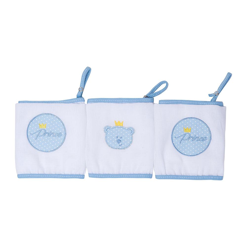 Jogo De Babetes Com Prendedor De Chupeta Prince Branco e Azul - 3 Unidades