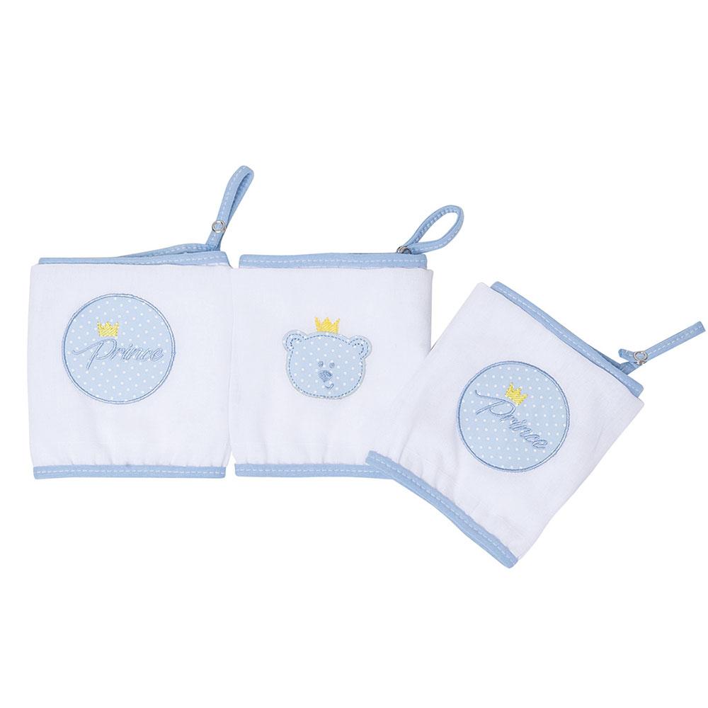 Jogo De Babetes Com Prendedor De Chupeta Prince Branco e Azul - 3 Unidades
