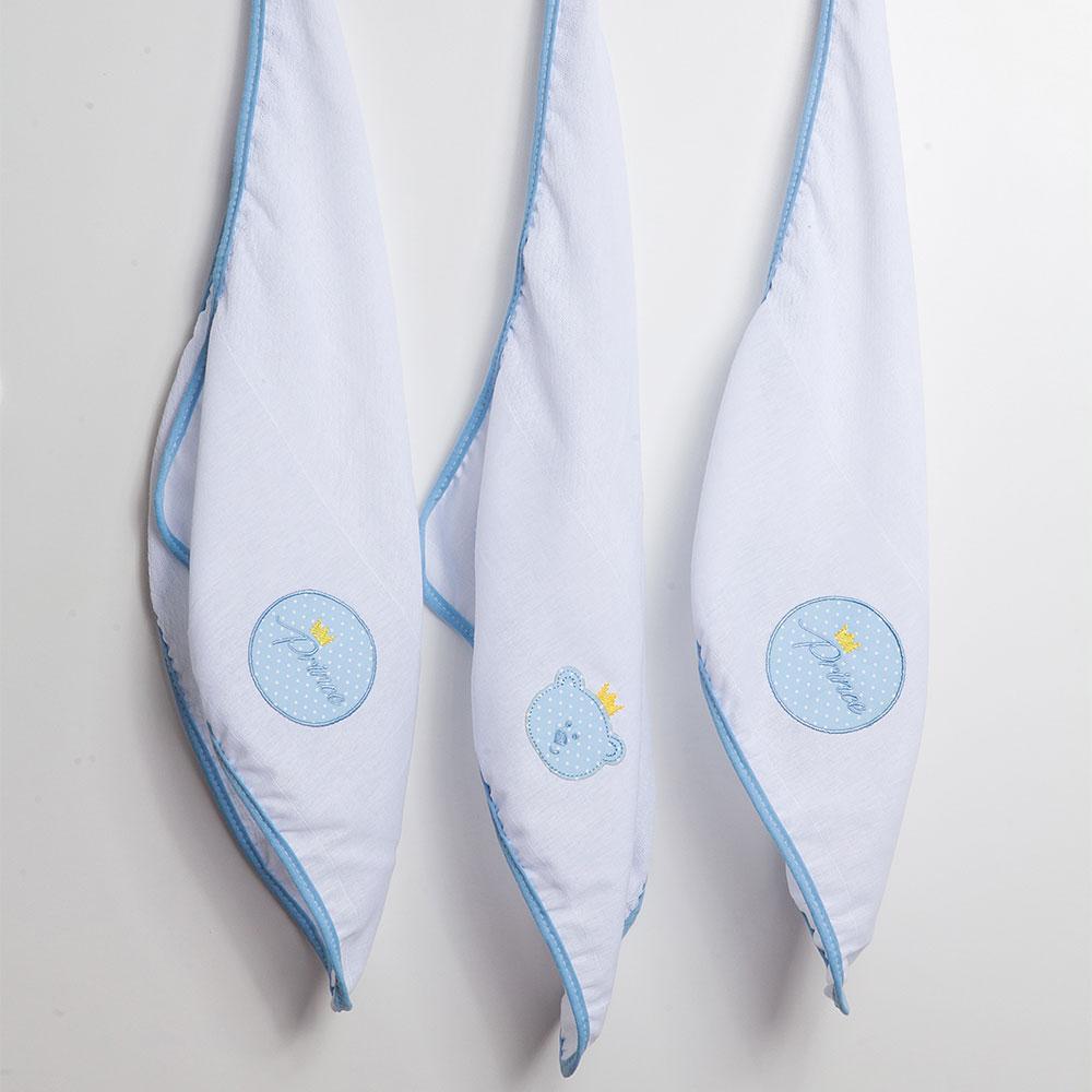 Jogo De Babetes Com Prendedor De Chupeta Prince Branco e Azul - 3 Unidades