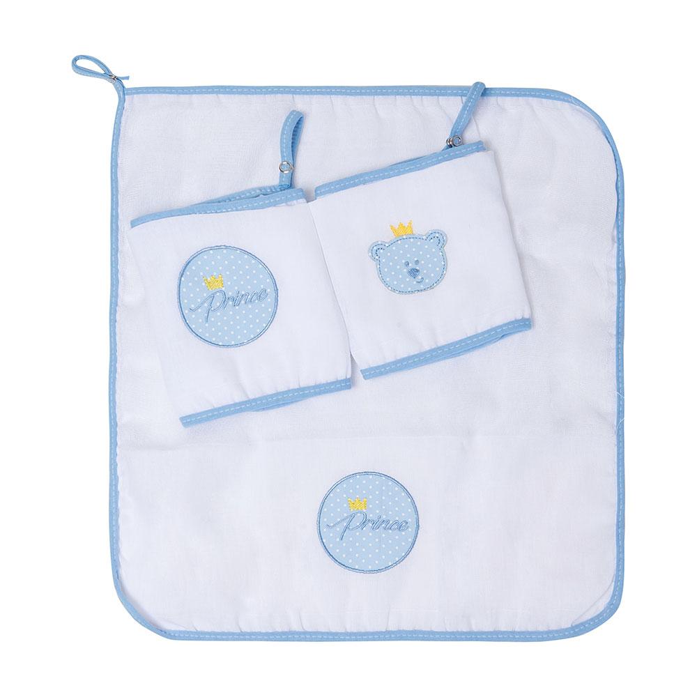 Jogo De Babetes Com Prendedor De Chupeta Prince Branco e Azul - 3 Unidades