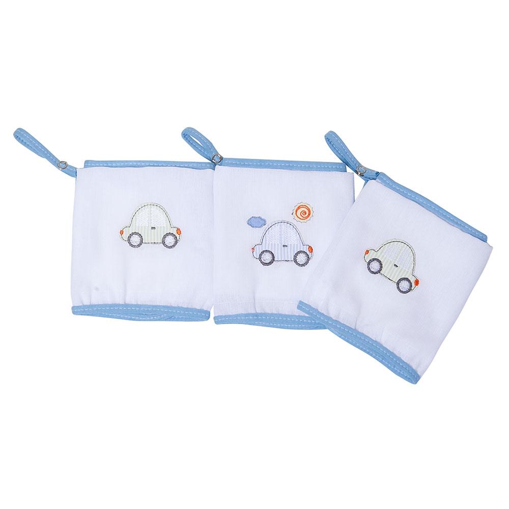 Jogo De Babetes Com Prendedor De Chupeta Carrinhos Branco e Azul - 3 Unidades