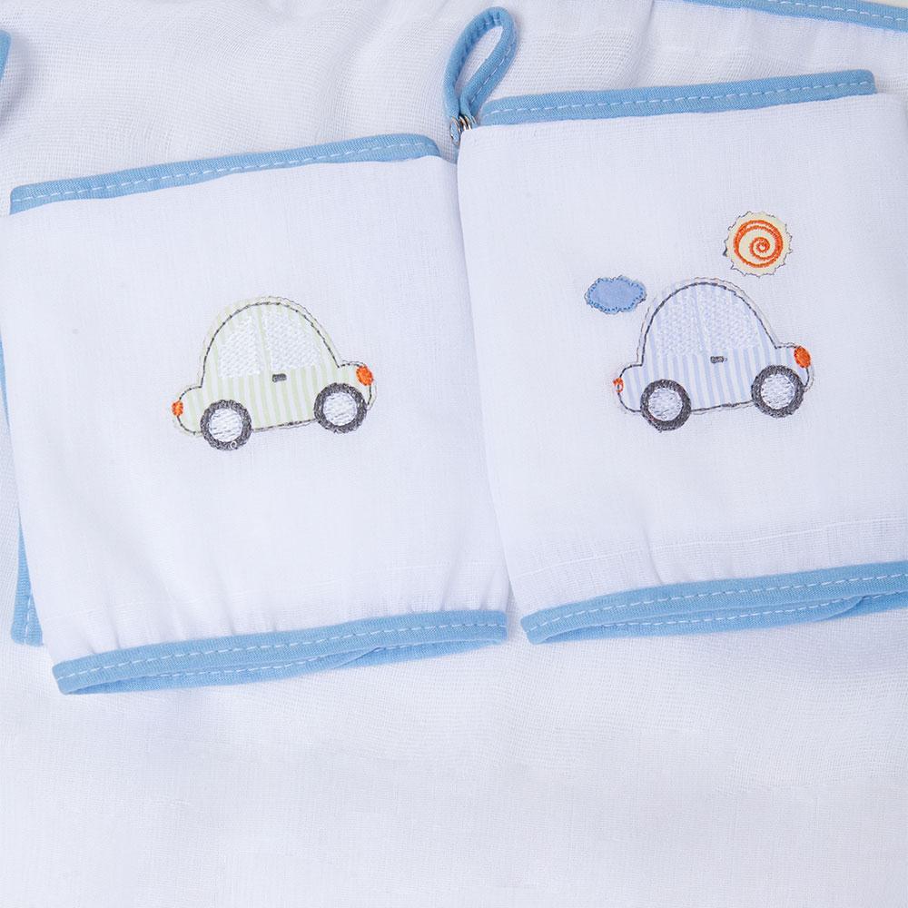 Jogo De Babetes Com Prendedor De Chupeta Carrinhos Branco e Azul - 3 Unidades