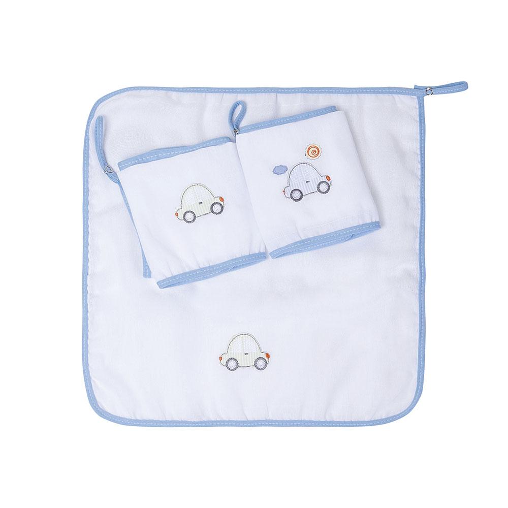 Jogo De Babetes Com Prendedor De Chupeta Carrinhos Branco e Azul - 3 Unidades