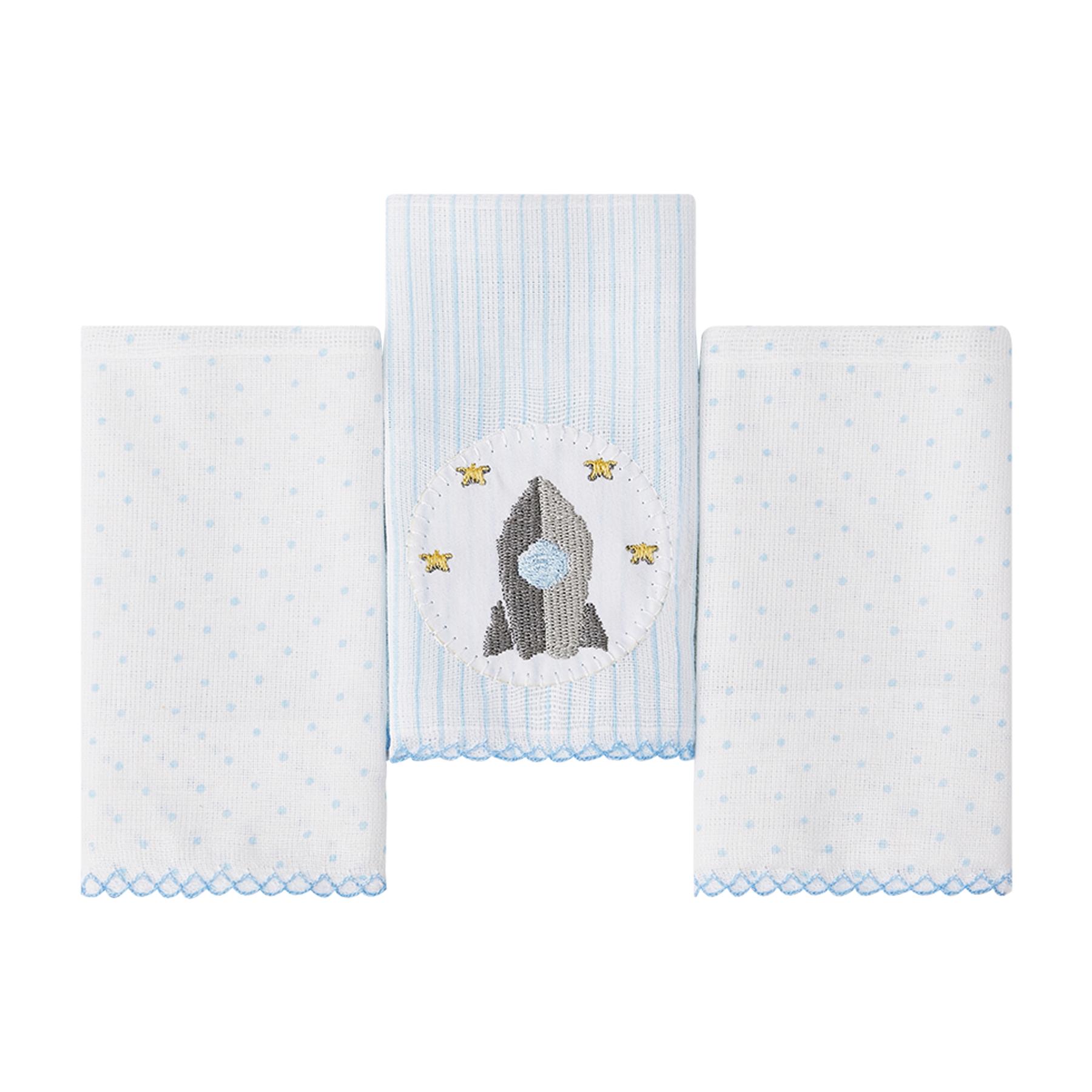 Jogo De Paninhos De Boca Poá e Foguete Branco e Azul - 3 Unidades