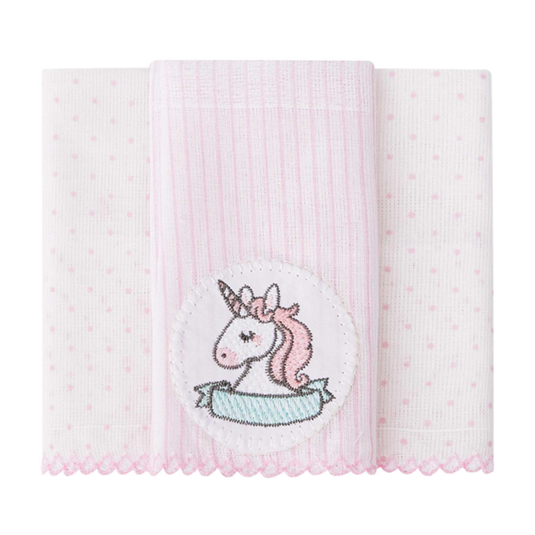 Jogo De Paninhos De Boca Poá e Unicórnio Branco e Rosa Claro - 3 Unidades