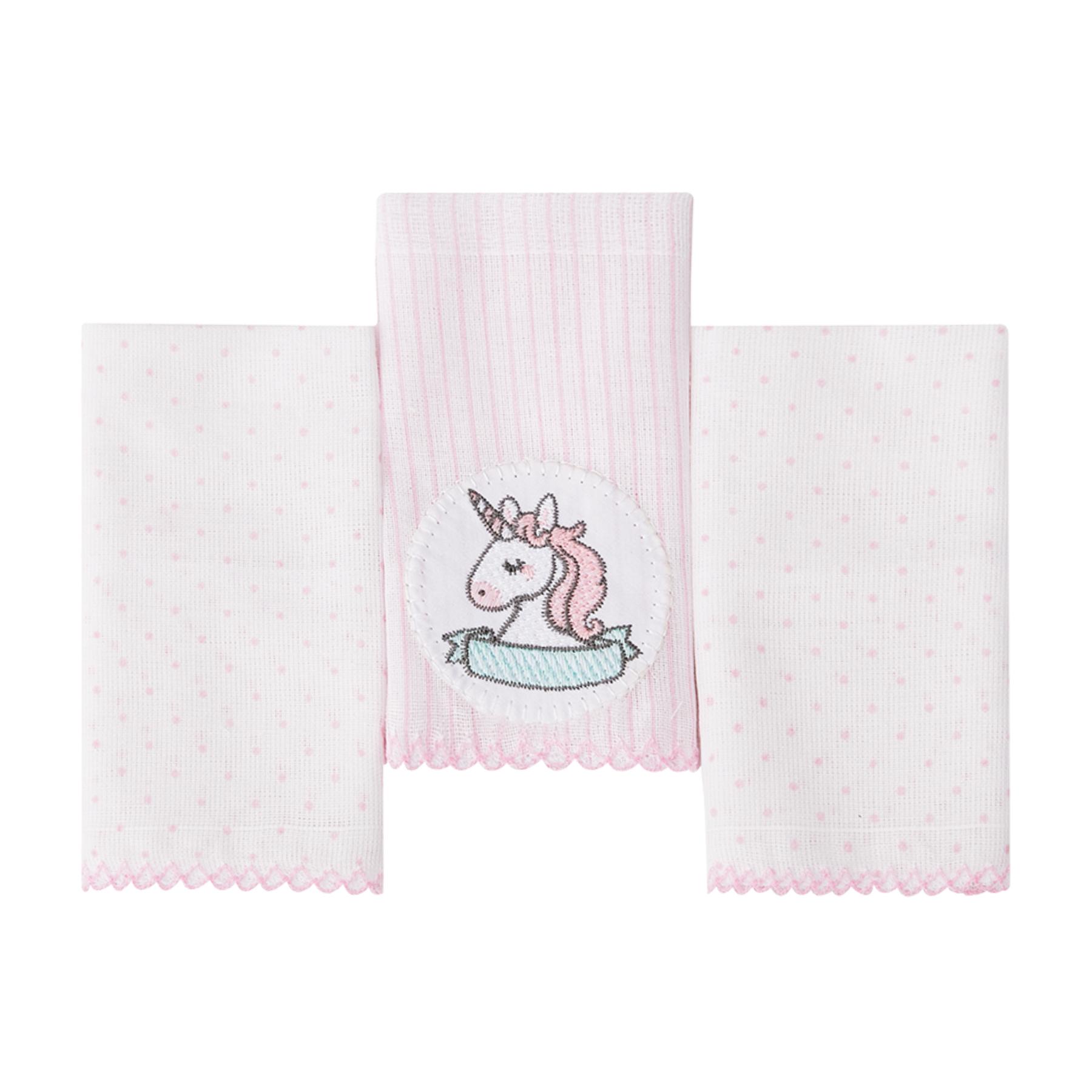 Jogo De Paninhos De Boca Poá e Unicórnio Branco e Rosa Claro - 3 Unidades